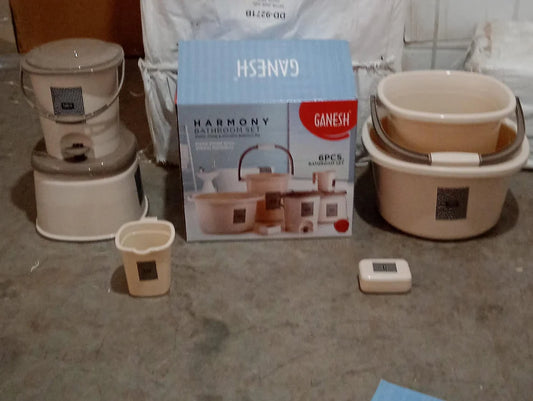8701 Plastic Bathroom Accessories Set 6 Pcs Bath Set Bathroom Bucket With Dustbin Mug Stool Soap Casetub