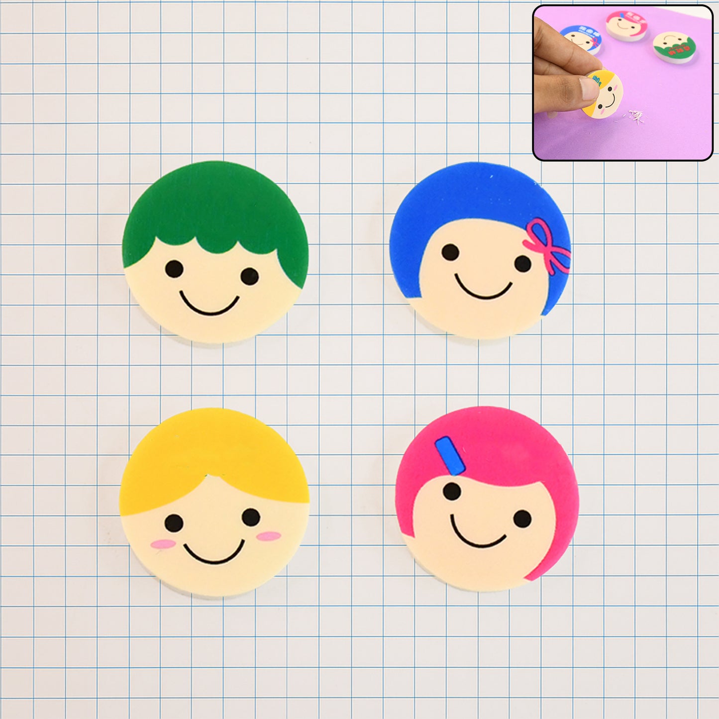 Cute Cartoon Face Erasers For School  Stationery Use (4 Pc)