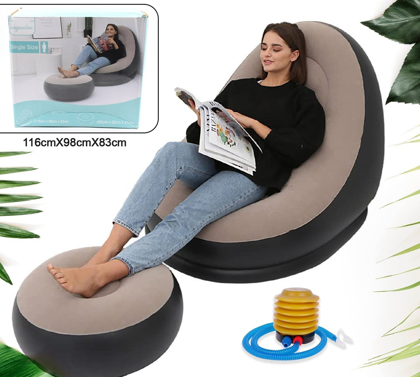 Inflatable Sofa Lounge Chair Ottoman Blow Up Chaise Lounge Air Sofa Indoor Flocking Leisure Couch For Home Office Rest Inflated Recliners Portable Deck Chair For Outdoor Travel Camping Picnic.