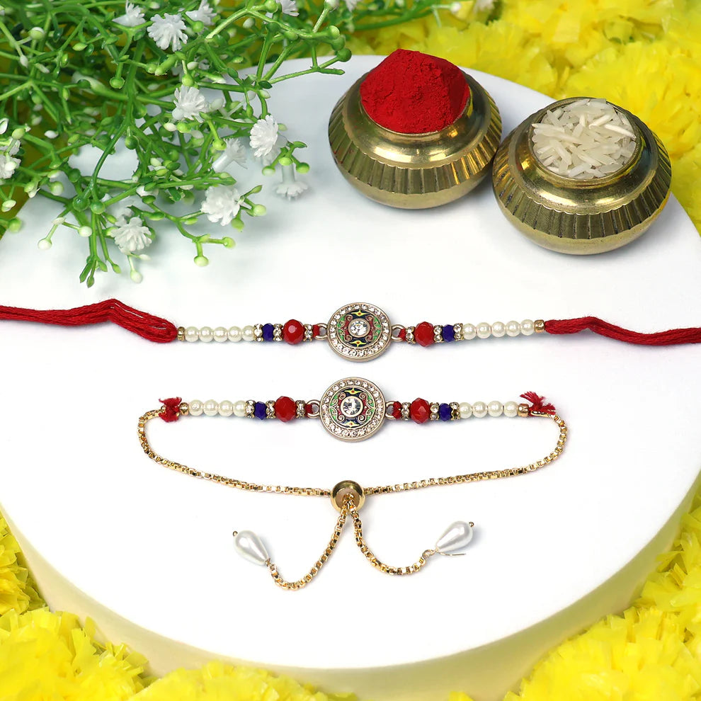 65479 Premium Rakhi  Bracelet Combo  Traditional Kundan Work Rakhi With Pearls And Elegant Golden Bracelet For Bhaiya Bhabhi Set (3 Pcs)