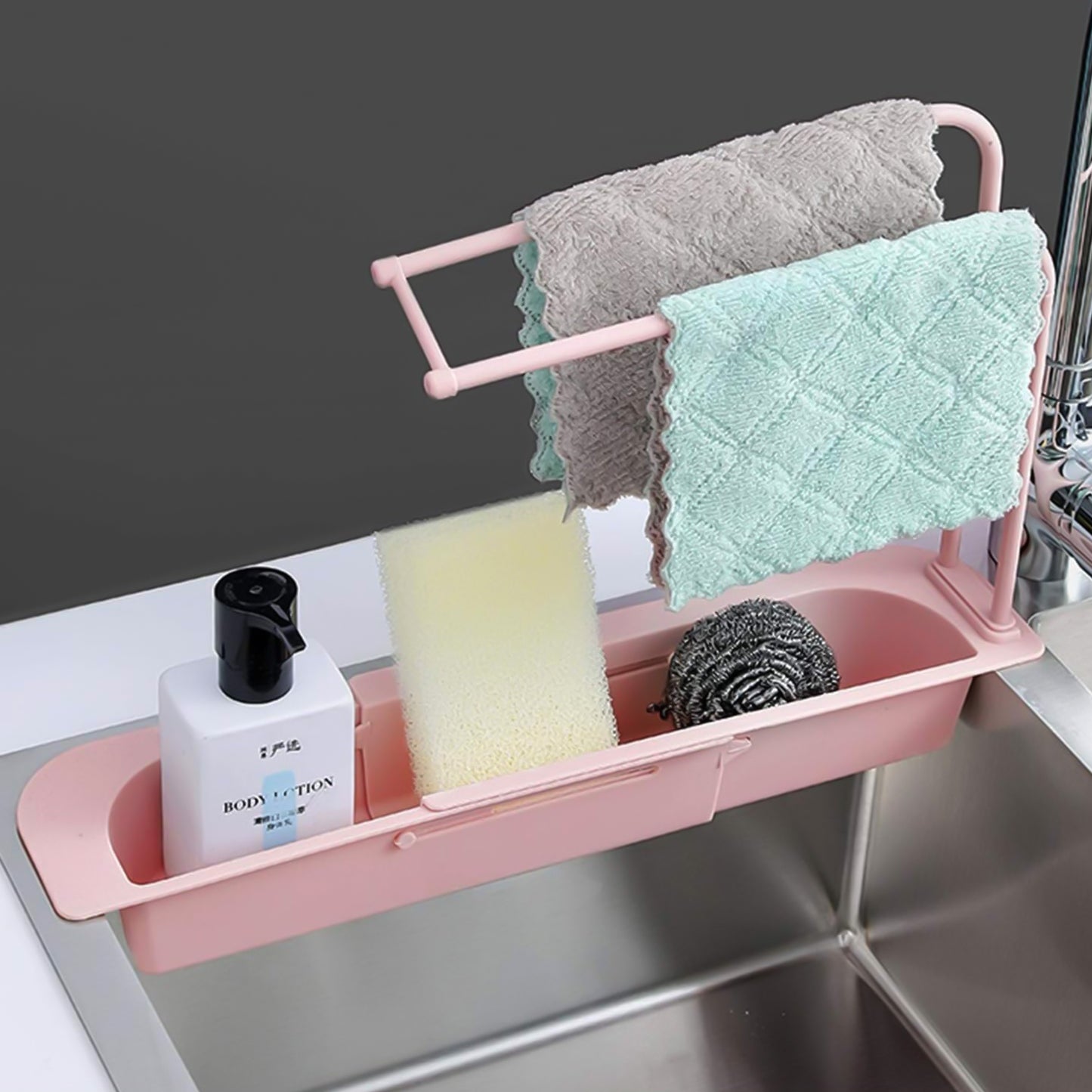 Over-sink Expandable Sink Caddy With Dual Towel Bar  Drip Tray