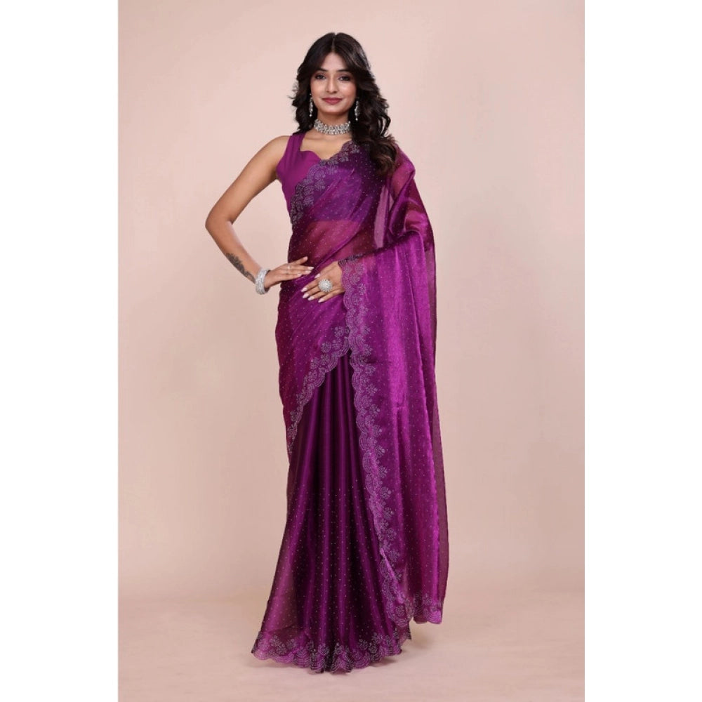 Women's Tissue Pure Silk Embellished Bollywood Saree With Unstitched Blouse 5.5Mtr (Purple)