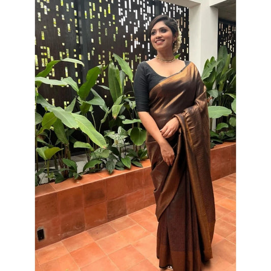 Generic Women's Litchi silk Printed Saree With Unstitched Blouse (Gold)
