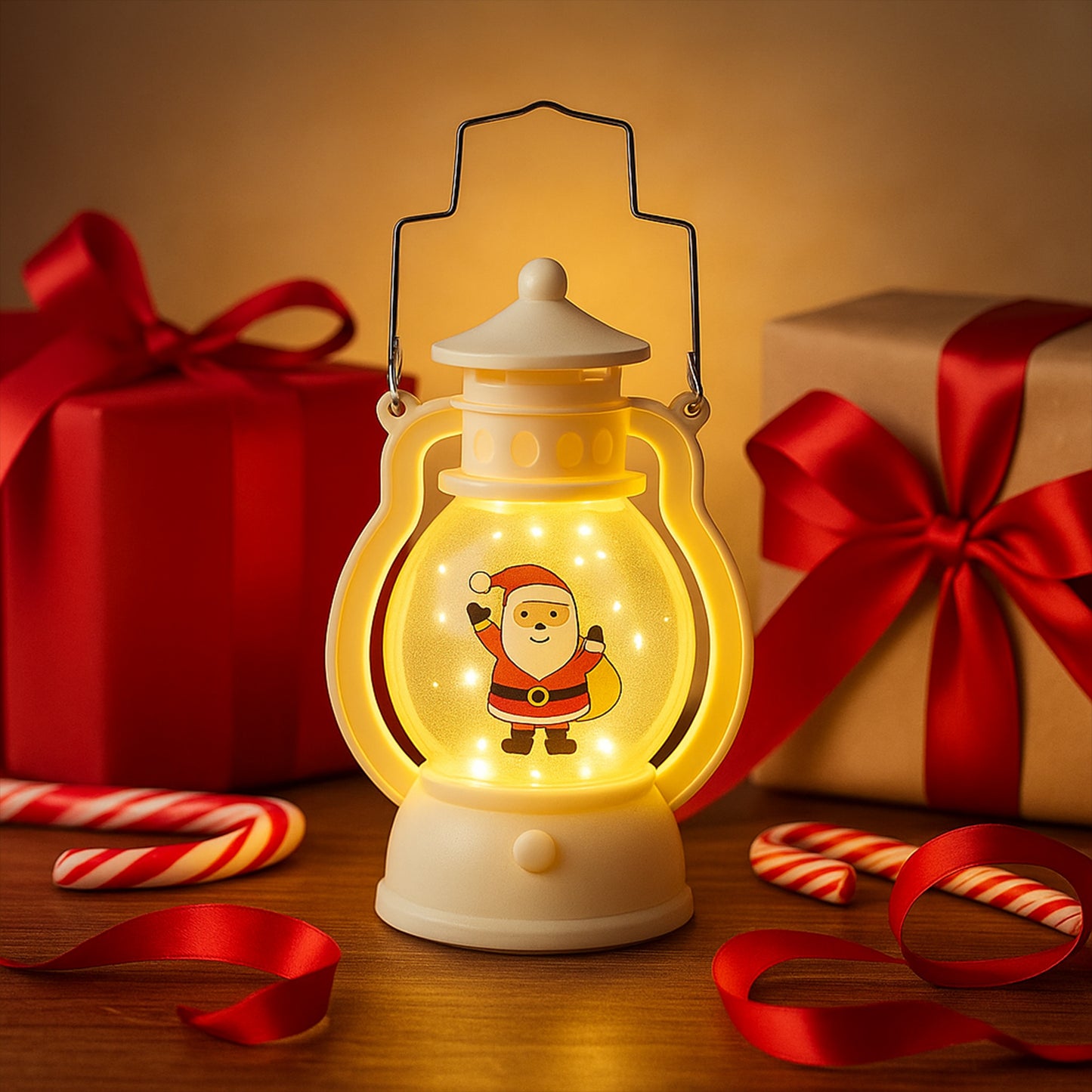 Mini Led Decorative Lantern With Santa Figurine  Handle (1 Pc)
