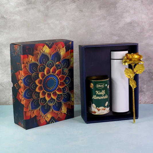 Effete Kulfi Almonds Gift Hamper Golden Rose With Bottle (3 Pc Set)