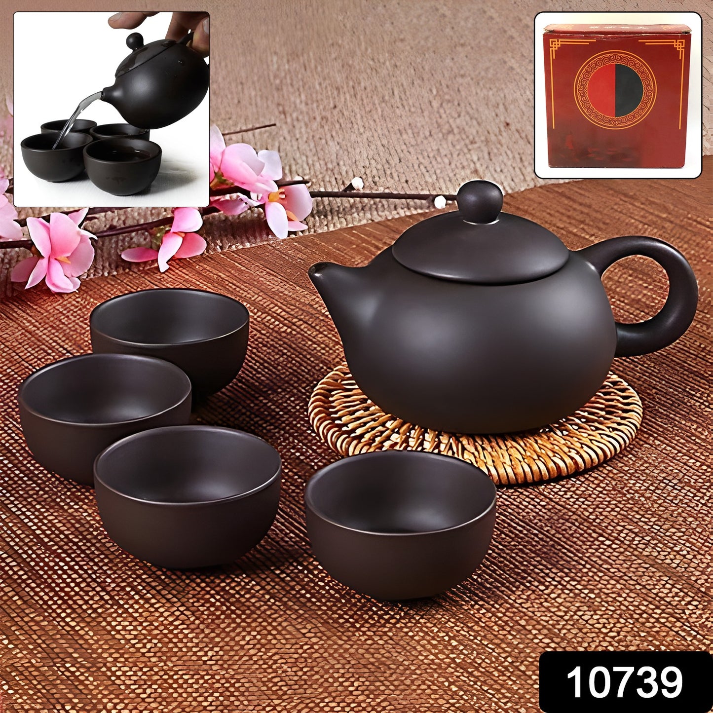 Premium Black Clay  Ceramic Tea Set With Teapot  4 Cups