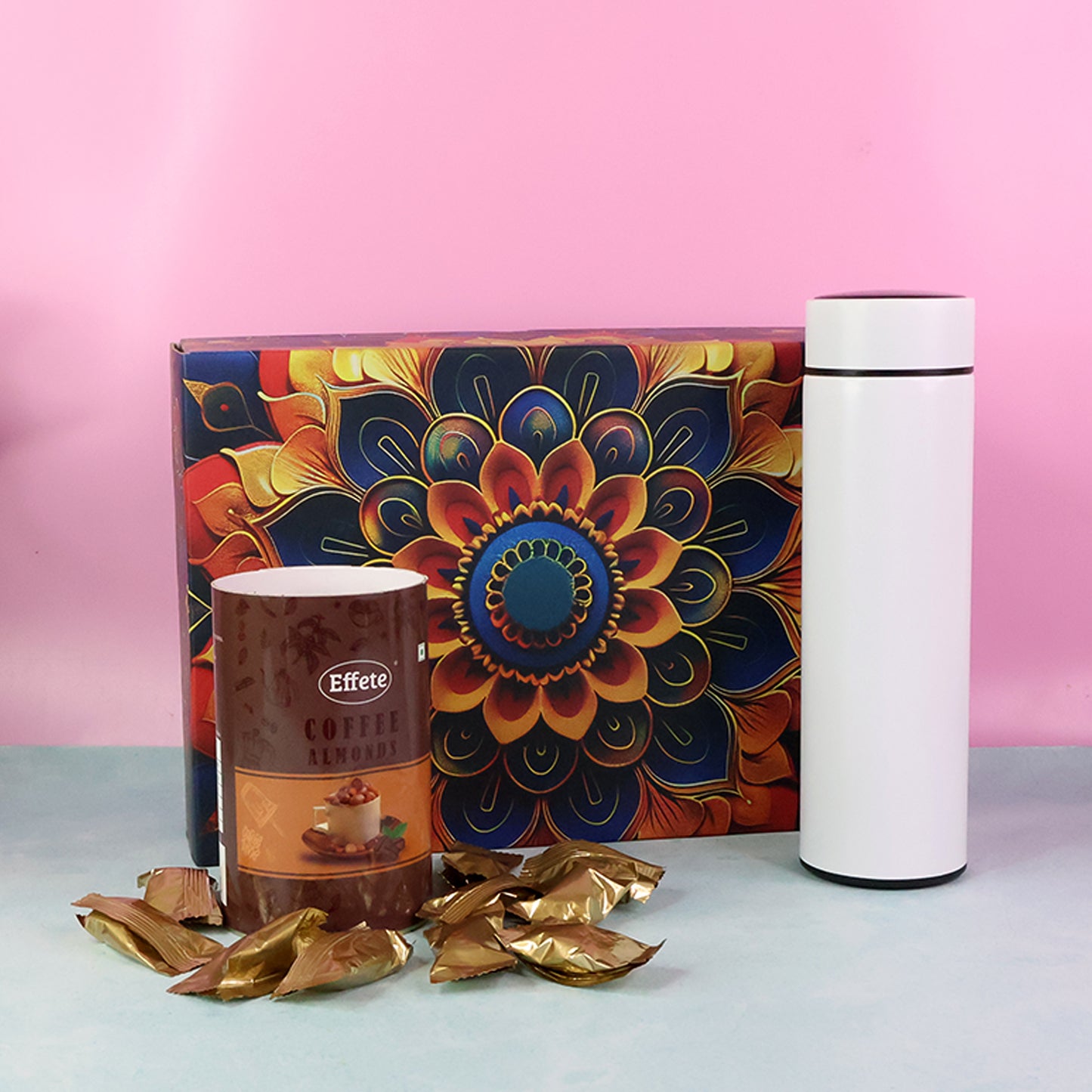 Effete Coffee Almonds Gift Hamper Golden With Bottle (2 Pc Set)
