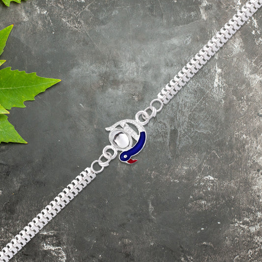 Elegant Peacock Design Rakhi With Blue Enamel And Silver Metal Chain