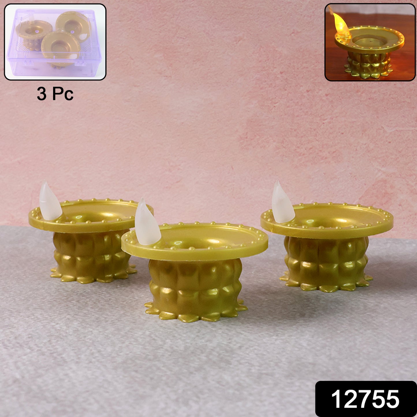 Set Of 3 Water Sensor Led Golden Diyas