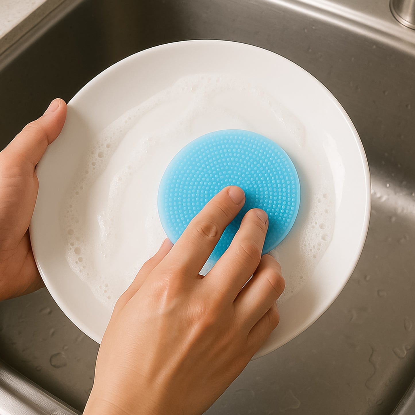Sky Blue Silicone Dish Scrubber Sponge Mildew Free Non Stick Heat Resistant