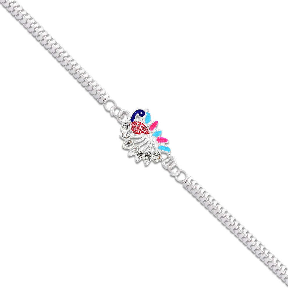 Colorful Peacock Design Rakhi With Enamel Finish And Silver-tone Metal Chain