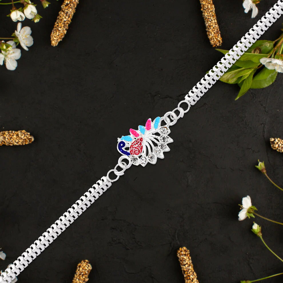 Colorful Peacock Design Rakhi With Enamel Finish And Silver-tone Metal Chain