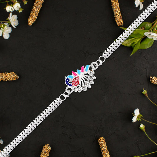 Colorful Peacock Design Rakhi With Enamel Finish And Silver-tone Metal Chain