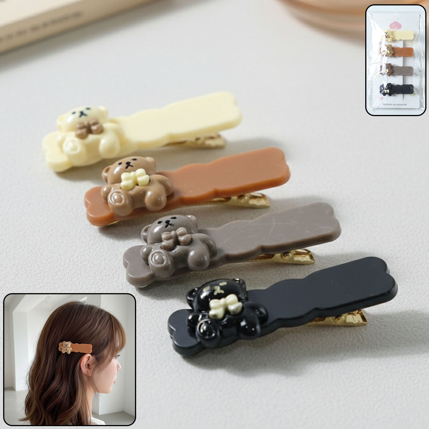 Cute Teddy Bear Decorative Snap Hair Clips Set (4 Pc)