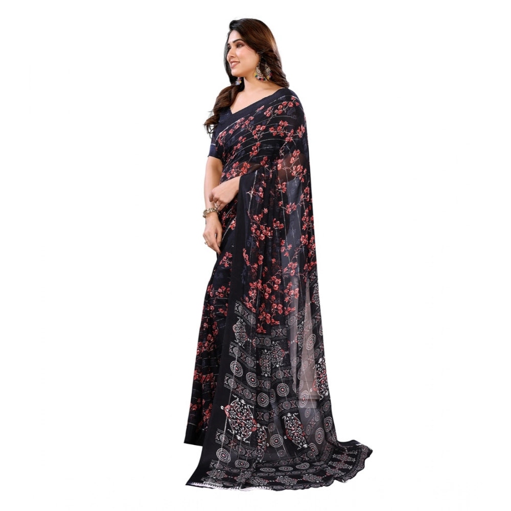 Generic Women's Georgette Printed Saree With Unstitched Blouse 5.5Mtr (Navy Blue)