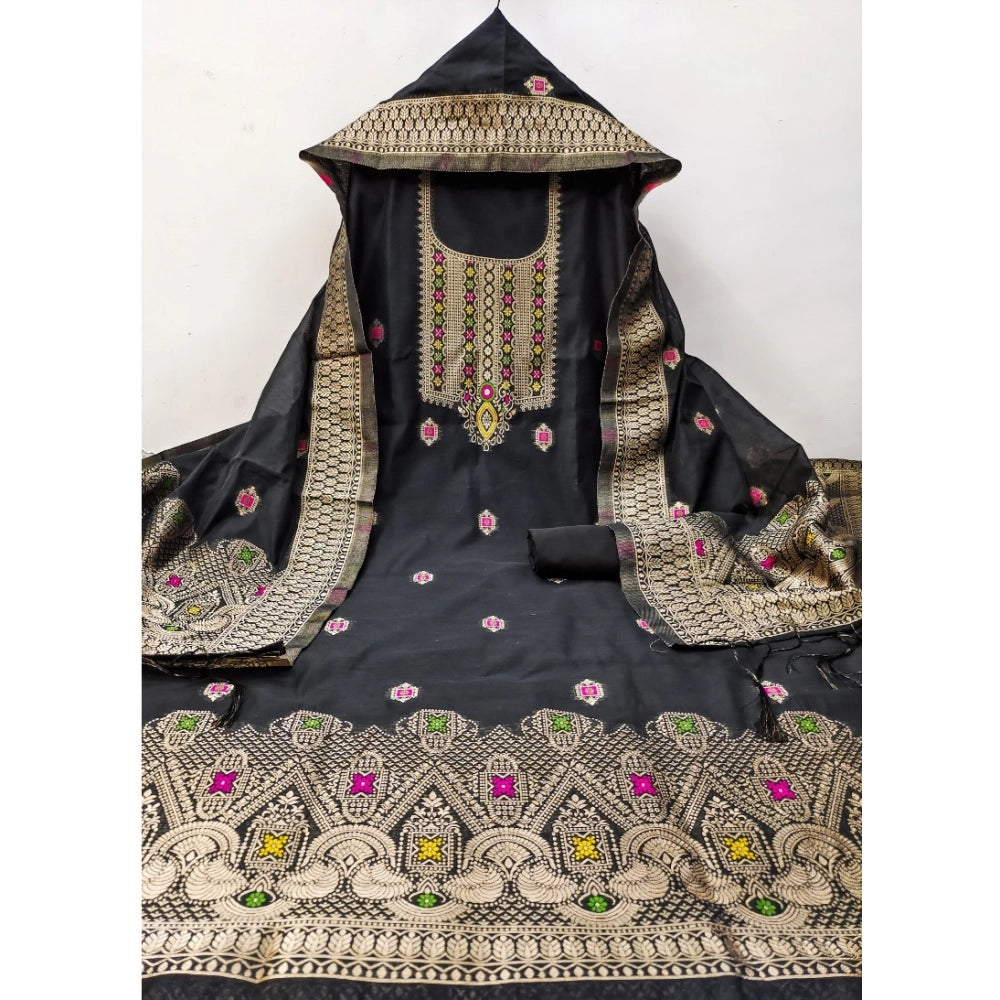 Women's Banarasi Silk Printed Unstitched Salwar Suit Material With Dupatta (Black, 3Mtrs)