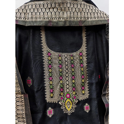 Women's Banarasi Silk Printed Unstitched Salwar Suit Material With Dupatta (Black, 3Mtrs)