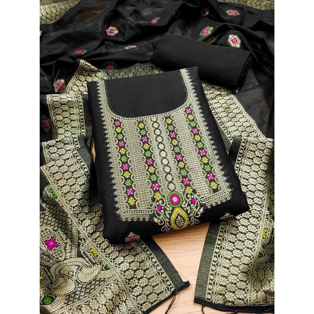 Women's Banarasi Silk Printed Unstitched Salwar Suit Material With Dupatta (Black, 3Mtrs)