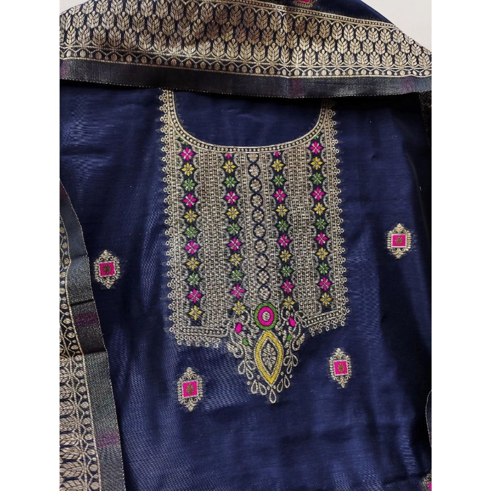 Women's Banarasi Silk Printed Unstitched Salwar Suit Material With Dupatta (Navy Blue, 3Mtrs)