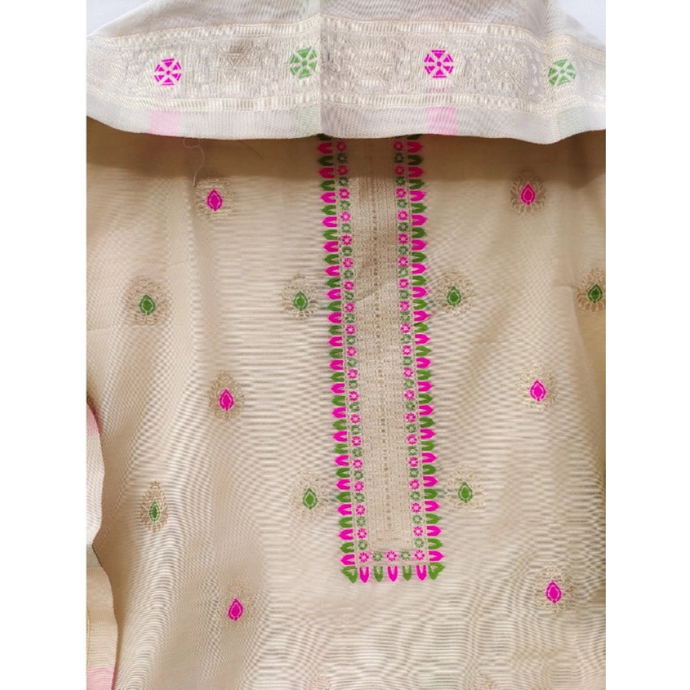 Women's Banarasi Silk Printed Unstitched Salwar Suit Material With Dupatta (Cream, 3Mtrs)