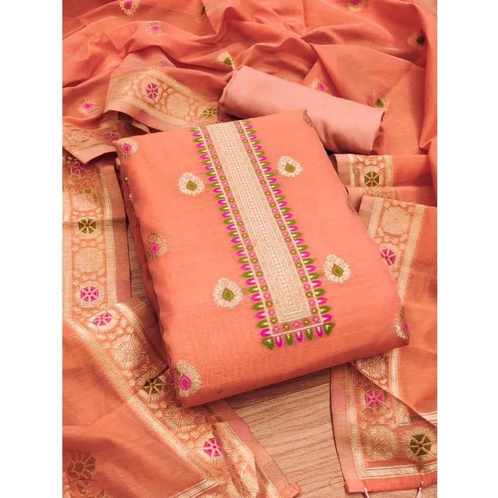 Women's Banarasi Silk Printed Unstitched Salwar Suit Material With Dupatta (Peach, 3Mtrs)