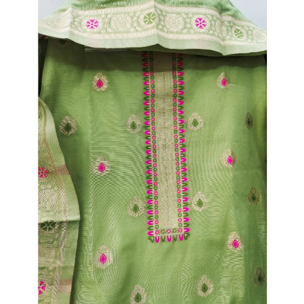 Women's Banarasi Silk Printed Unstitched Salwar Suit Material With Dupatta (Pista, 3Mtrs)