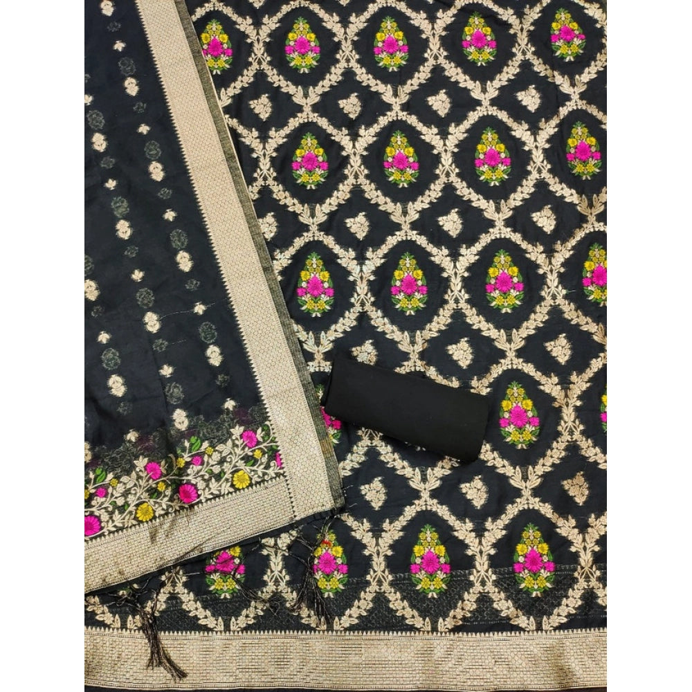 Women's Banarasi Silk Printed Unstitched Salwar Suit Material With Dupatta (Black, 3Mtrs)
