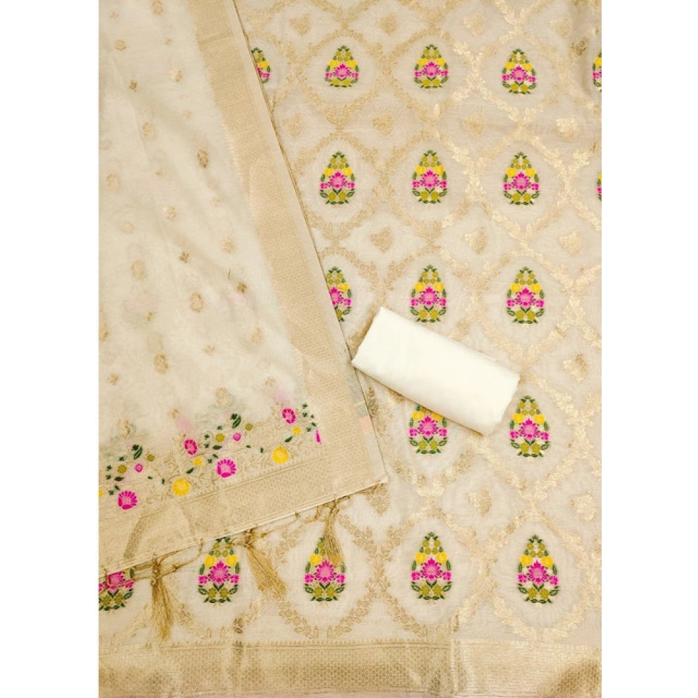 Women's Banarasi Silk Printed Unstitched Salwar Suit Material With Dupatta (White, 3Mtrs)