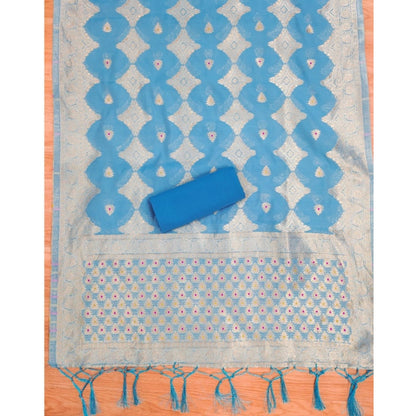 Women's Banarasi Silk Printed Unstitched Salwar Suit Material With Dupatta (Sky Blue, 3Mtrs)