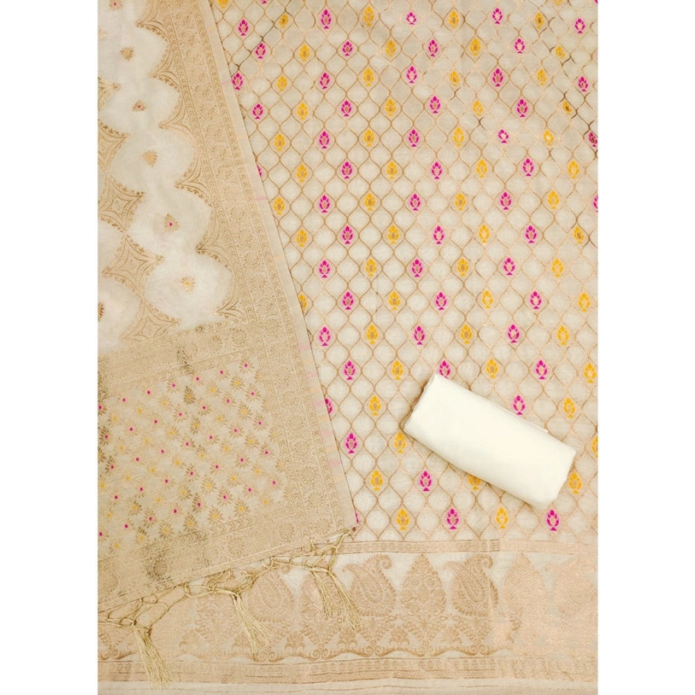 Women's Banarasi Silk Printed Unstitched Salwar Suit Material With Dupatta (White, 3Mtrs)