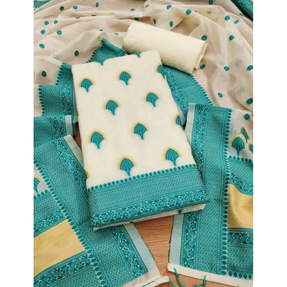 Women's Banarasi Silk Printed Unstitched Salwar Suit Material With Dupatta (Teal, 3Mtrs)
