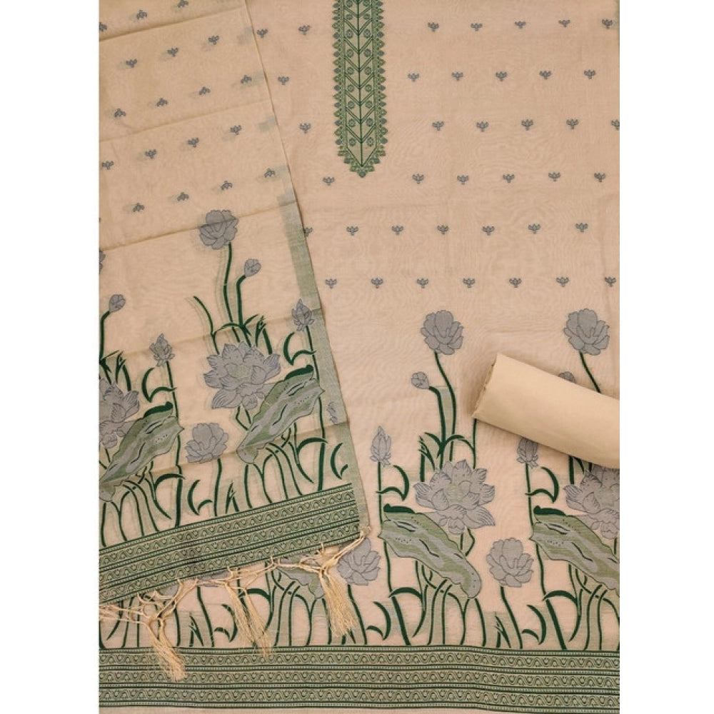 Women's Banarasi Silk Printed Unstitched Salwar Suit Material With Dupatta (Cream, 3Mtrs)