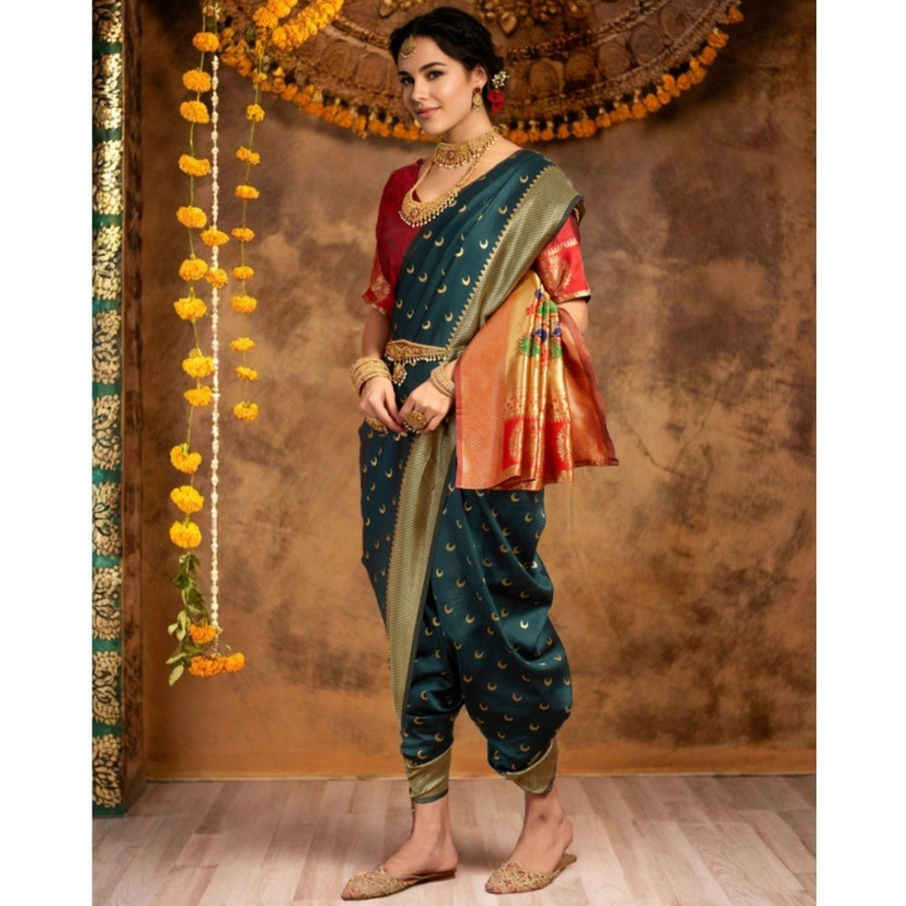 Women's Silk Blend Zari Woven Saree With Unstitched Blouse 5.5Mtr (Dark-Green)