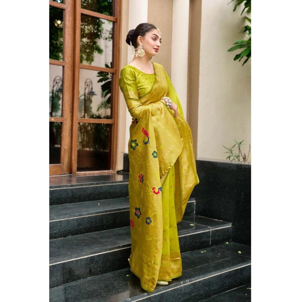 Women's Silk Blend Paithani Weaving Saree With Unstitched Blouse 5.5Mtr (Lime Green)