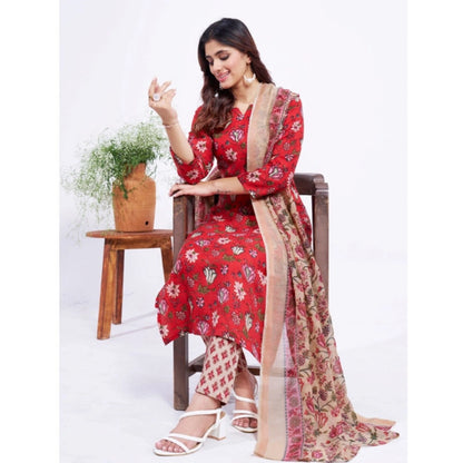 Women's Cotton Blend Printed Kurti With Pant Dupatta Set (Red)