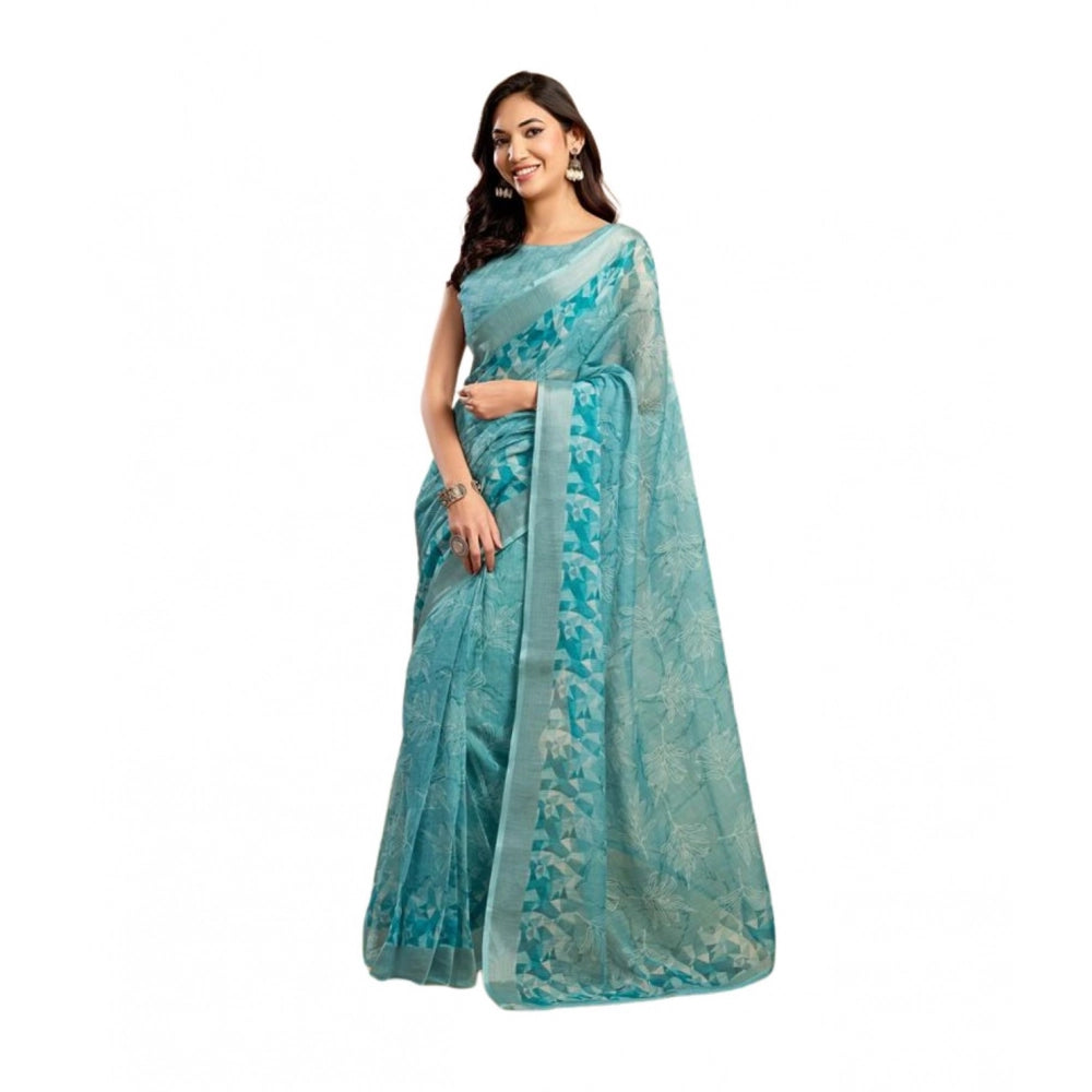 Women's Faux_Linen Printed Ready-to-Wear Saree With Unstitched Blouse 5.5 Mtr (Aqua_Blue)