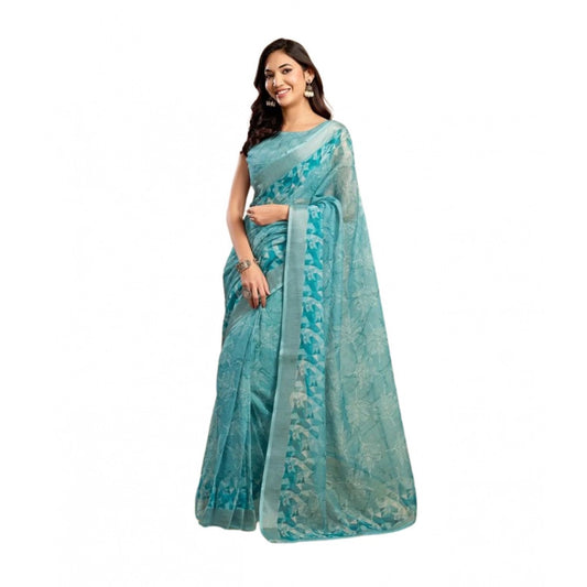 Women's Faux_Linen Printed Ready-to-Wear Saree With Unstitched Blouse 5.5 Mtr (Aqua_Blue)