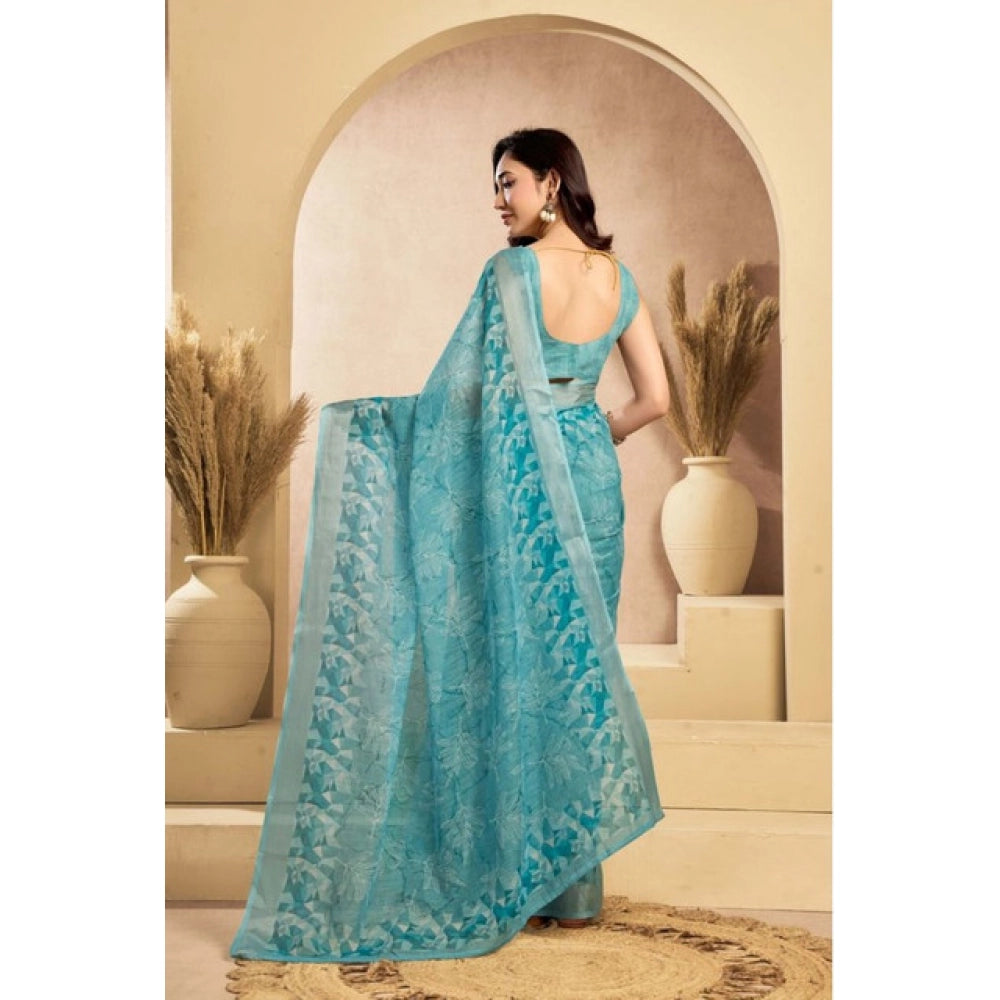 Women's Faux_Linen Printed Ready-to-Wear Saree With Unstitched Blouse 5.5 Mtr (Aqua_Blue)