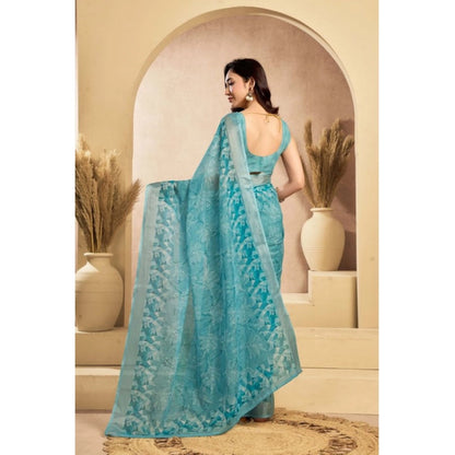 Women's Faux_Linen Printed Ready-to-Wear Saree With Unstitched Blouse 5.5 Mtr (Aqua_Blue)