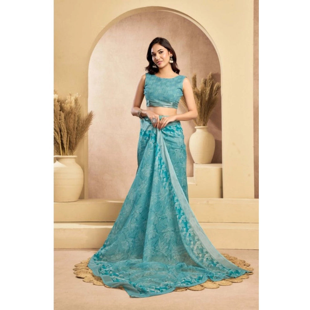 Women's Faux_Linen Printed Ready-to-Wear Saree With Unstitched Blouse 5.5 Mtr (Aqua_Blue)
