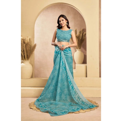 Women's Faux_Linen Printed Ready-to-Wear Saree With Unstitched Blouse 5.5 Mtr (Aqua_Blue)