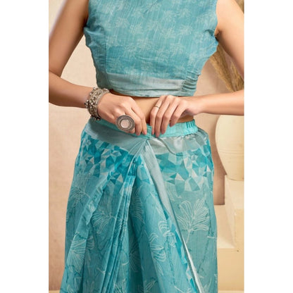 Women's Faux_Linen Printed Ready-to-Wear Saree With Unstitched Blouse 5.5 Mtr (Aqua_Blue)