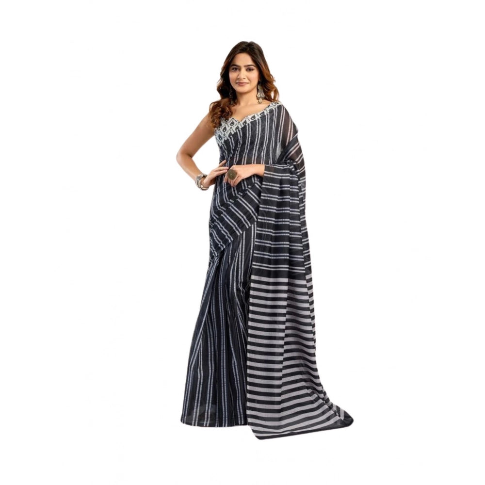 Women's Faux_Linen Printed Ready-to-Wear Saree With Unstitched Blouse 5.5 Mtr (Black)