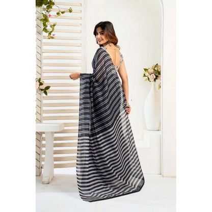 Women's Faux_Linen Printed Ready-to-Wear Saree With Unstitched Blouse 5.5 Mtr (Black)