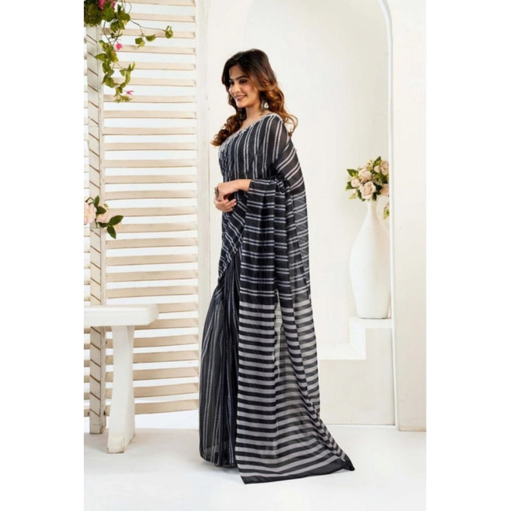 Women's Faux_Linen Printed Ready-to-Wear Saree With Unstitched Blouse 5.5 Mtr (Black)