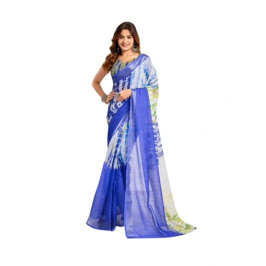 Women's Faux_Linen Printed Ready-to-Wear Saree With Unstitched Blouse 5.5 Mtr (Blue)