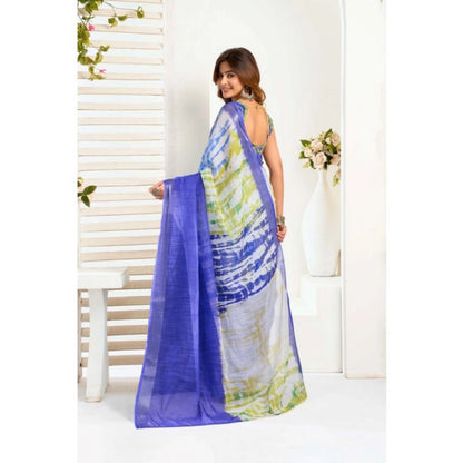Women's Faux_Linen Printed Ready-to-Wear Saree With Unstitched Blouse 5.5 Mtr (Blue)