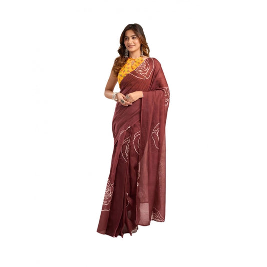 Women's Faux_Linen Printed Ready-to-Wear Saree With Unstitched Blouse 5.5 Mtr (Brown)
