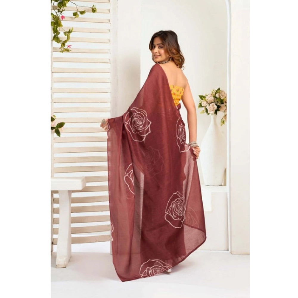 Women's Faux_Linen Printed Ready-to-Wear Saree With Unstitched Blouse 5.5 Mtr (Brown)