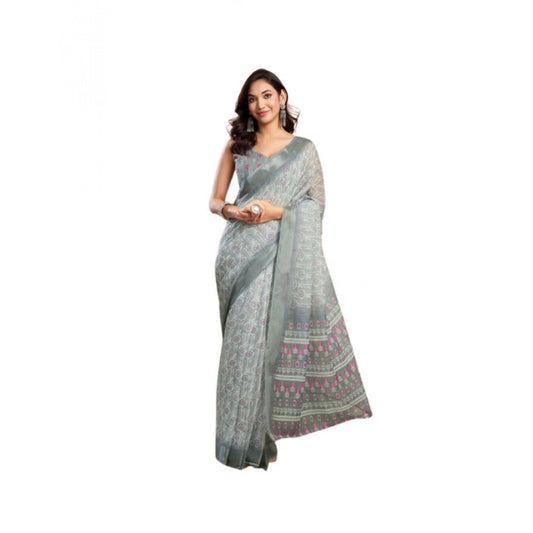 Women's Faux_Linen Printed Ready-to-Wear Saree With Unstitched Blouse 5.5 Mtr (Grey)